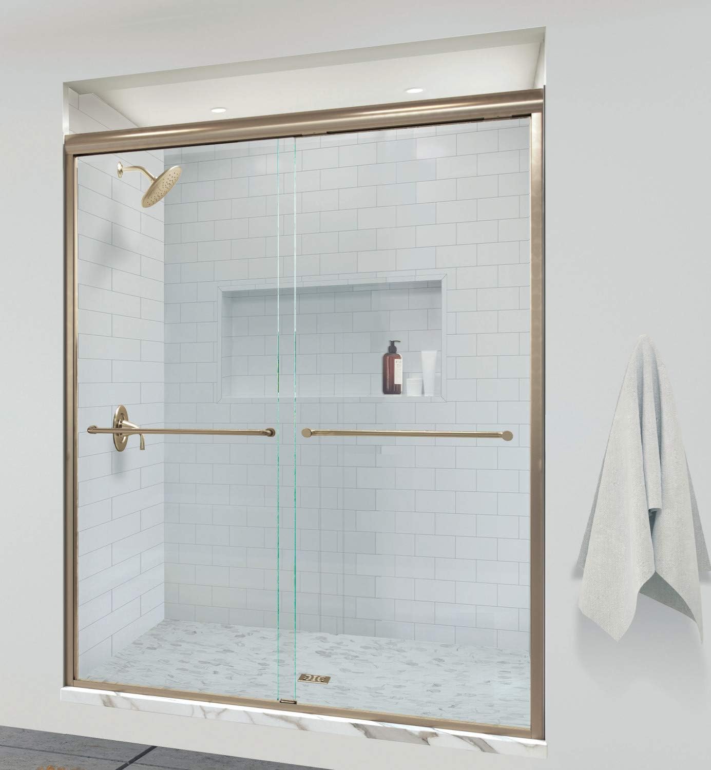Basco Infinity Semi-Frameless Sliding Shower Door, Fits 43-47 inch Opening, Clear Glass, Brushed Gold Finish