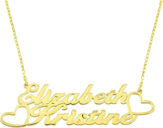 14K Real Solid Gold Personalized Two Names Necklace for Women, Double Names Pendant, Nameplate Jewellery