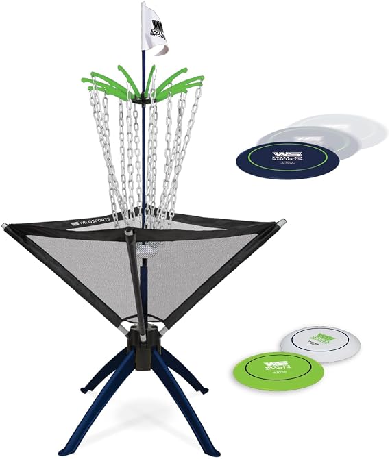 Wild Sports Disc Golf Set - Black, 5 ft Tall - All-Weather Basket for Lawn Games - Portable Disc Golf Basket with Carry Bag - Starter Kit with 3 Throwers & Accessories