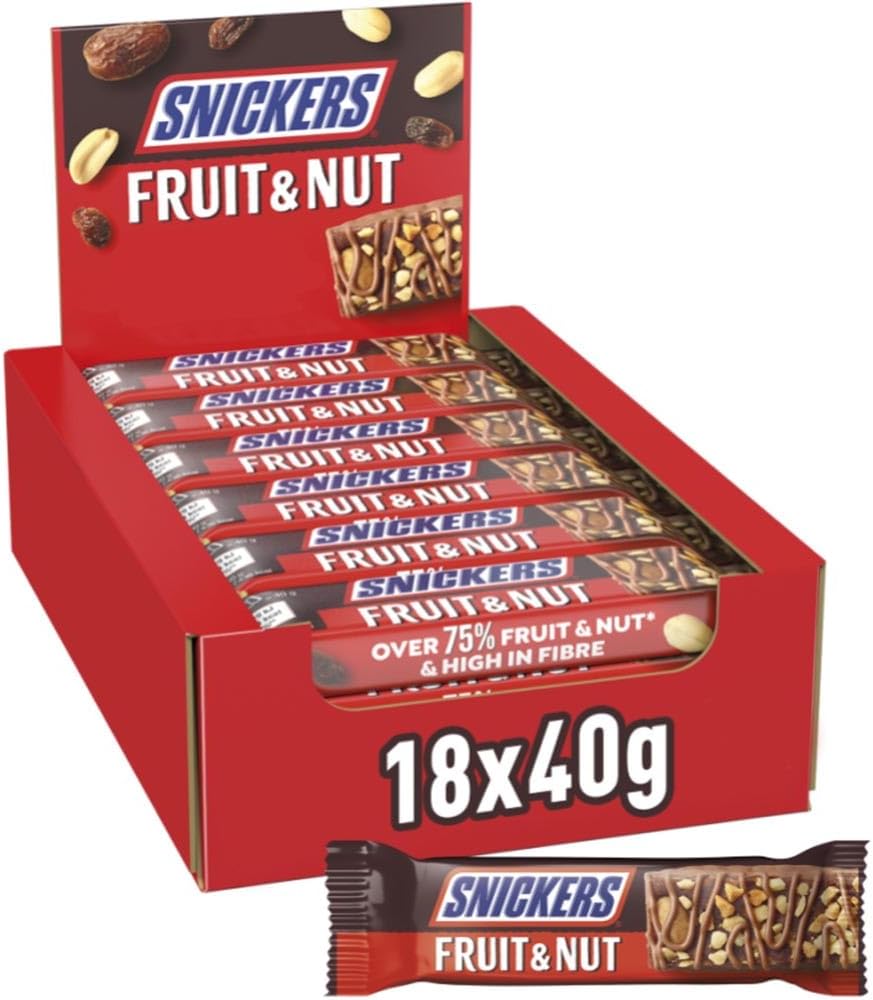 Snickers Fruit & Nut Milk Chocolate Bars, 18 x 40g, Bulk Chocolate Box, Ideal for Gift, Snacks or Hamper