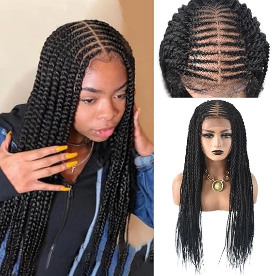 Knotless Cornrow Braided Wig For Black Women Soft Lace Micro Braiding Wig Baby Hair Box Braids Wigs Light Weight Curly Synthetic Braid Wig For Women (#1B-#Black)