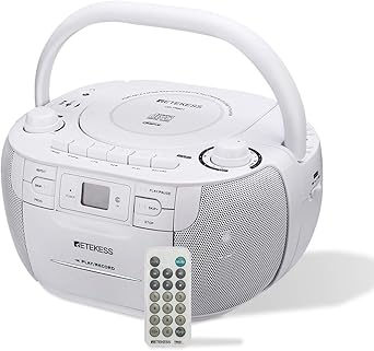 Retekess TR621 CD and Cassette Player Combo, Boombox CD Player for Home, AM/FM, Tape Recording, TF/USB Drive, AC or D Battery Powered, Headphone Jack, Stereo Sound (White)