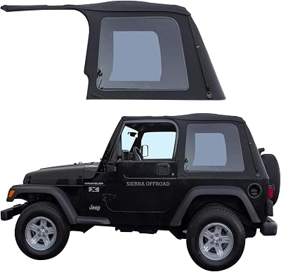 Sierra Offroad Soft Top for 1997 to 2006 Jeep Wrangler TJ - Black, Sailcloth Vinyl - 2 Door Jeep Soft Top Frameless, Rear Plastic Tint Windows - Factory Precision Fit Replacement - No Upper Door Skins