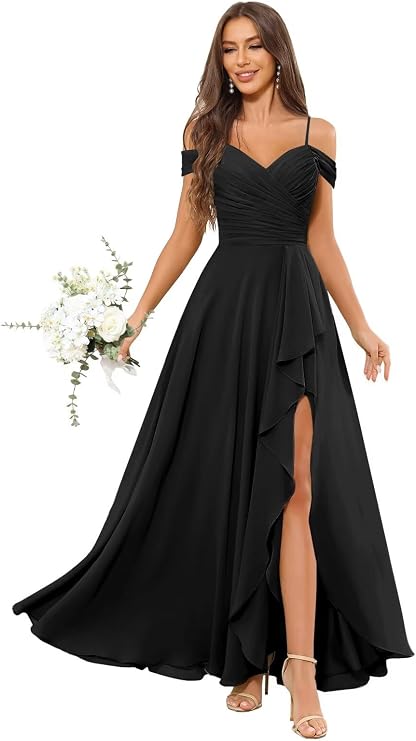 Sukleet Women's Off the Shoulder Bridesmaid Dress Long for Wedding Chiffon Formal Dress with Slit
