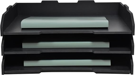 A3 Stackable Paper Tray, 3 Tier Desk File Organizer, Desktop Organizer for Office Supplies,Office Desk Accessories & Workspace, /A3 Office File Folder, Office School, White (Landscape-Black-3-Tier)
