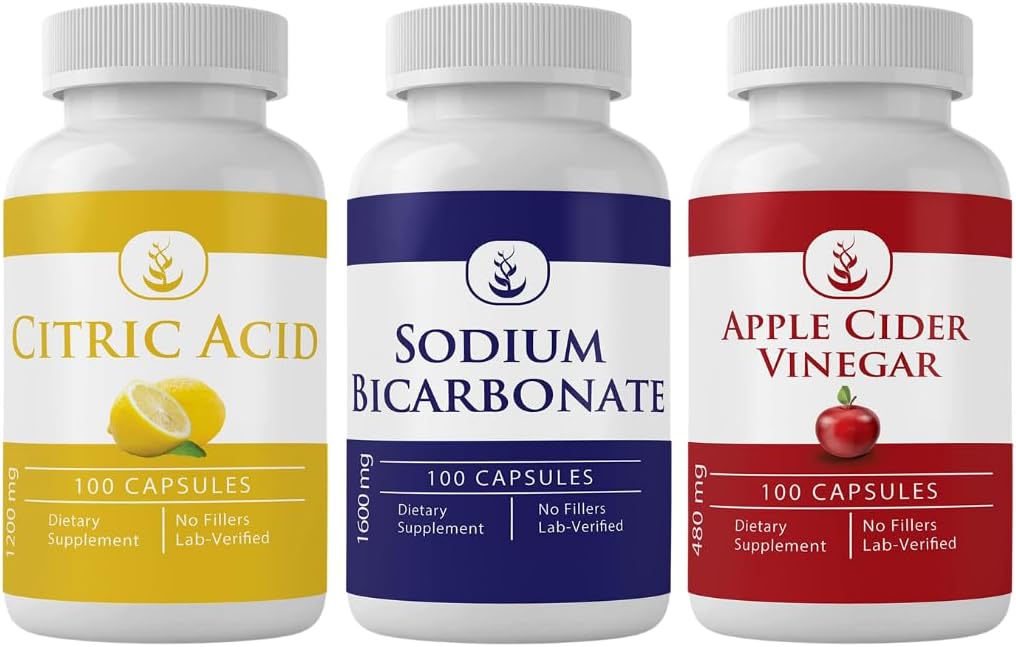 PURE ORIGINAL INGREDIENTS Sodium Bicarbonate, Citric Acid, Apple Cider Vinegar Capsule Bundle 100 Capsules Each, No Additives or Fillers, Lab Verified