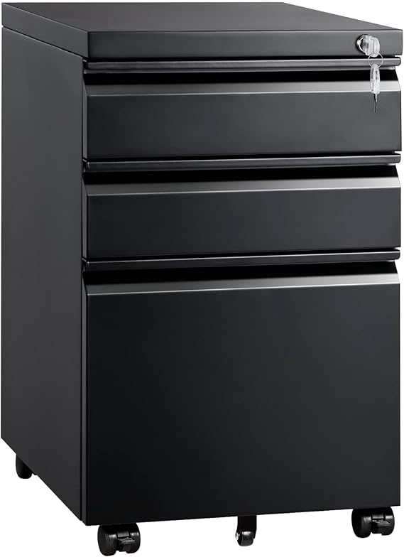 Mount-It! 3 Drawer File Cabinet with Lock and Wheels, Heavy-Duty Steel Rolling Drawer Cabinet, Fully Assembled Under Desk Filing Cabinet for Home Office Storage, 15.3" W x 19.75" D x 24.5" H, Black