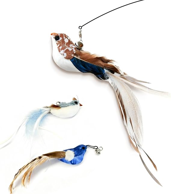 GHOSTCAT Cat Teaser, Cat Toy, Realistic Bird, Cat Toy, Natural Feathers, Feather Toy, 4-Piece Set, Easy to Switch, with Bell, Solo Play, Durable and Break-resistant, Wooden Handle, Replaceable, Helps