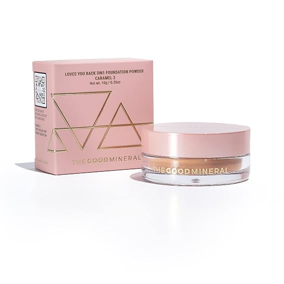 The Good Mineral Loves-You-Back 3in1 Mineral Powder Foundation (CARAMEL 3) | Designed for acne-prone, sensitive skin for Natural Coverage with calming Zinc Oxide + Kaolin Clay | Vegan + Cruelty Free