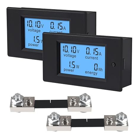 DC 6.5-100V 0-100A 12V 24V 36V 48V 60V 72V Volt Amp Watt Meter LCD Display Digital Current Voltage Power Energy Meter Multimeter Ammeter Voltmeter with 100A 75mV Current Shunt Pack of 2