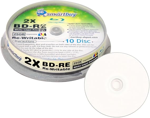 50 Pack Smartbuy 2X 25GB BD-RE Rewritable White Inkjet Hub Printable Disc | Erasable Blank Blu-ray Recordable Data Media Video Disc, Rewritten up to 1,000 times, Full White Surface for Inkjet Printer