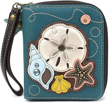 CHALA Zip Around Wallet, Wristlet, 8 Credit Card Slots, Sturdy Pu Leather - Sand Dollar - Turquoise