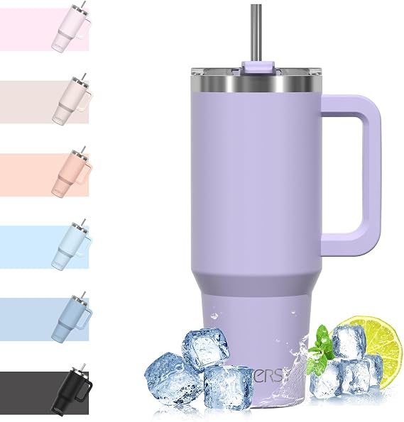 WATERSY Travel Mug Coffee Cup 40oz Tumbler Straw Lid and Handle, Stainless Steel Double Wall Vacuum Insulated Coffee Water Bottle Thermal for Cold Hot Coffee 1182ml Purple