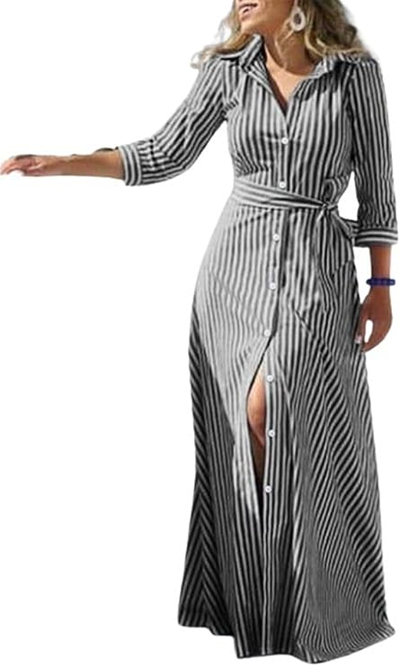 utcoco Women's 2026 Spring Summer Casual Striped Maxi Dress Button Down Shirt Dress with Belt