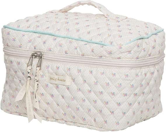 Juoxeepy Quilted Makeup Bag Floral Cotton Cosmetic Bag Jolly House Toiletry Bag Coquette Aesthetic Makeup Bag Cosmetic
