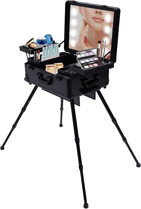 Aluminum Trolley Makeup Train Case with LED Lights Professional Cosmetic Organizer Studio with Wheels and Stands Rolling Lighted Makeup Vanity Station for Travel