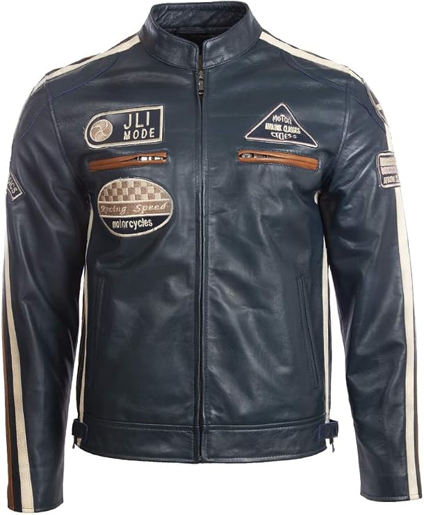 Aviatrix Men's Super-Soft Real Leather Band Collar Patch Fashion Biker Jacket (CXUS)