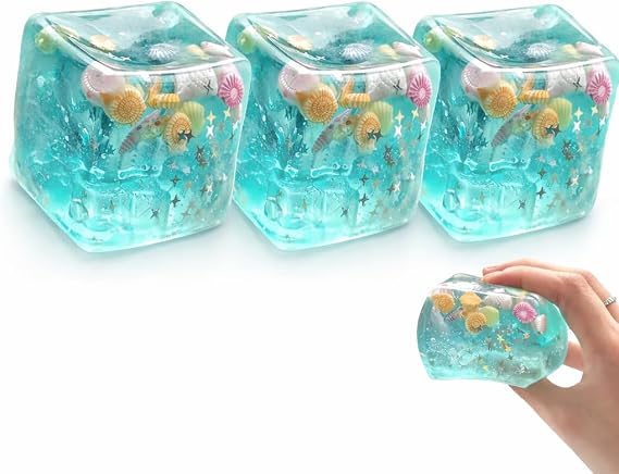 Ocean Cube Squishy Toy - 2.36" Slow Rebound Sensory Fidget Toy for Stress Relief, Blue Translucent Undersea Squishies with Shells & Stars, Handheld Travel Toy for Adults