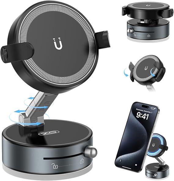 2-in-1 Clip & Vacuum Magnetic Suction Phone Holder,Upgraded 360 Adjustable Suction Cup Car Phone Mount,Hands-Free Cell Phone Holder for Car/Gym/Smooth Surface,Compatible with iPhone & Android Phones