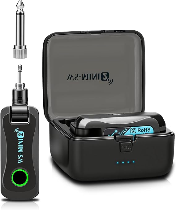 Wireless Guitar System with Charging Case, 2.4GHz Low Latency Digital Signal Transmitter Receiver Set for Electric Guitar & Bass, Plug and Play, Up to 130ft Range, Rotatable Jack, WS-MINI2