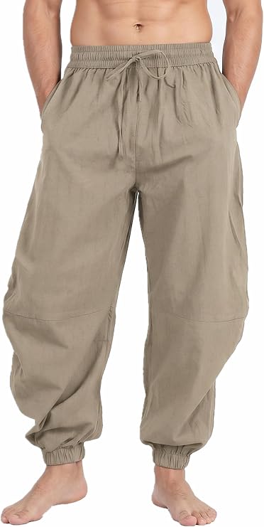 perdontoo Mens Casual Cotton Linen Pant Elastic Waist Drawstring Yoga Jogger Pants