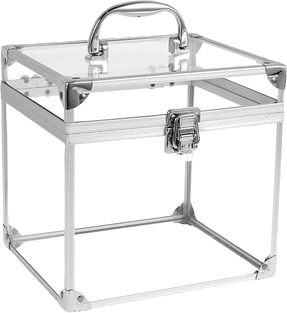 Clear Makeup Box Organizer, 20x17x19cm Cosmetic Display Cases with Latches and Handle, Large Capacity Travel Toiletry Storage Box (Silver)