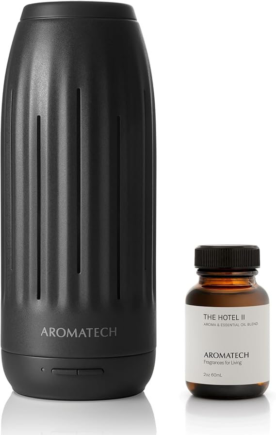AromaTech Ambience Mini Scent Diffuser for Essential Oil Blends & Fragrances - Waterless Scent Machine w/Bluetooth for Home, Bathroom - Charcoal with 60 mL The Hotel II Aroma Oil