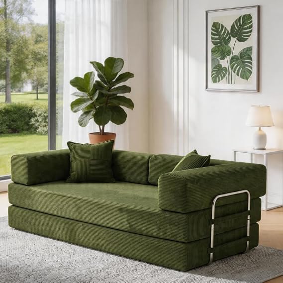 Vipbear 3 Seater Boneless Sofa Bed,Modular Convertible Couch,Pull Out,Green | 5-in-1 Folding Double Futon Sofa Bed|Corduroy Fabric|2 Memory Foam Pillows|Sectional Compressed Couches|200cm for Living Room