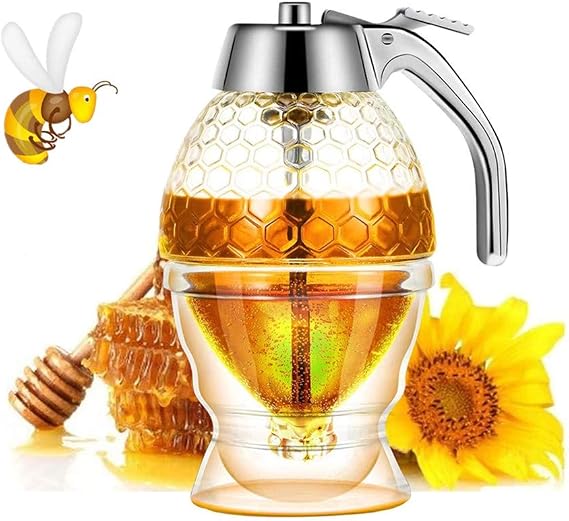 XIYUAN Honey dispenser, syrup dispenser, beautiful honeycomb honey jar, honey jar with stand