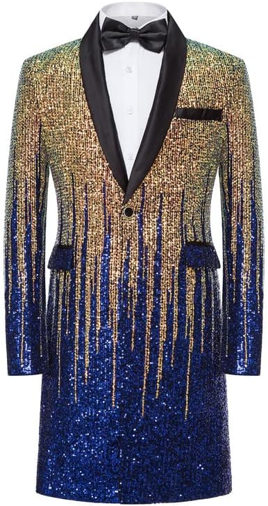 Mens Sequin Blazers Stylish Long Suit Jacket 1 Button Slim Fit Tuxedo Sport Coats for Party,Wedding,Prom