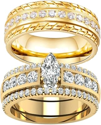 icedout 1.50 Ct Marquise Cut Diamond Two Matching Couple Ring Set For His and Her Beautiful Anniversary Marriage Ring Set 14K Yellow Gold Plated Bridal Trio Ring Set 925 Sterling Silver Ring