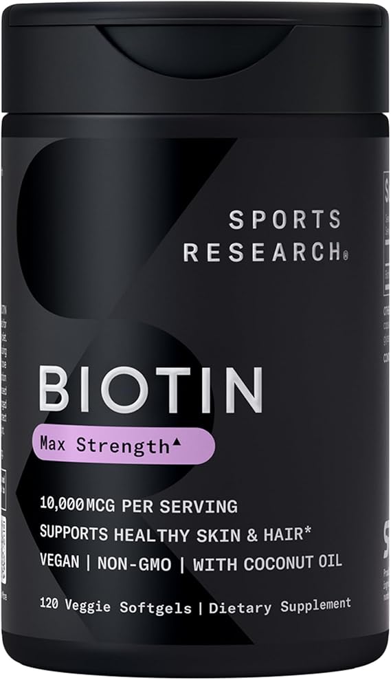 Sports Research Biotin 10,000mcg w/Coconut Oil - 120 Count PlantgelsTM | High Potency Biotin (vitamin B7) for Healthy Skin and Hair Support Vegan, Non-GMO, Gluten & Soy-Free - 120 Servings