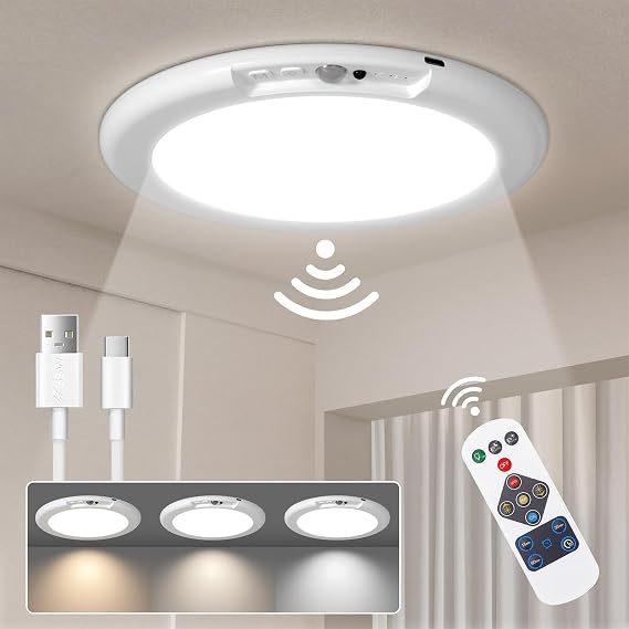 LINEWAY Rechargeable Motion Sensor Ceiling Light with Remote,Battery Operated LED Ceiling Lights 3 Colors Dimmer 7.5'' Wireless Closet Light Magnetic Motion Activated Shower Light for Shed Pantry