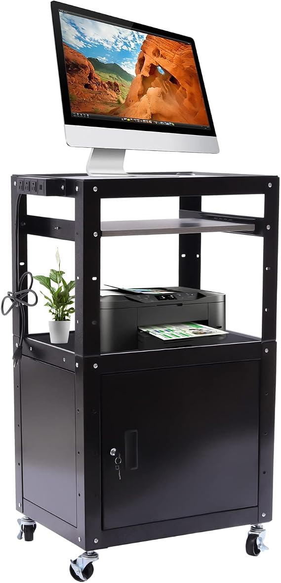 AV Presentation Cart Stand, 24 x 18 x 41.5inch Rolling Projector Utility Cart w/Storage Cabinet Keyboard Tray Height Adjustable Steel AV Cart