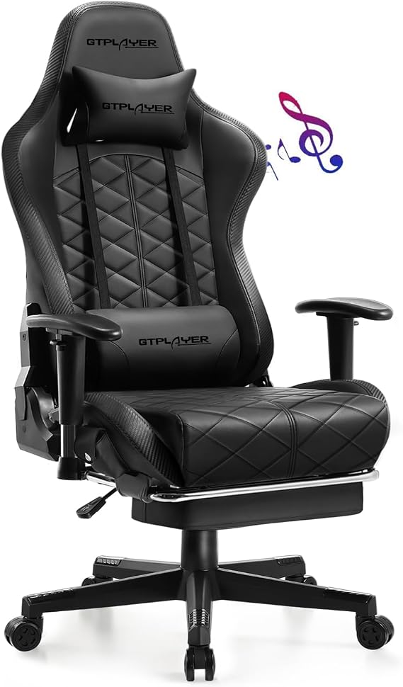 GTPLAYER Gaming Chair, Computer Chair with Bluetooth Speakers, High Back Ergonomic Office Chair Desk Chair with Lumbar Support, Height Adjustable Game Chair with Footrest 330LBS, Black
