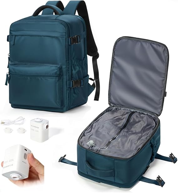 Vacuum Backpack Travel Bag Vacuum Compression Backpack with Pump Waterproof Ryanair 40x30x20 Carry on Cabin Bag Wizzair - Peacock Blue