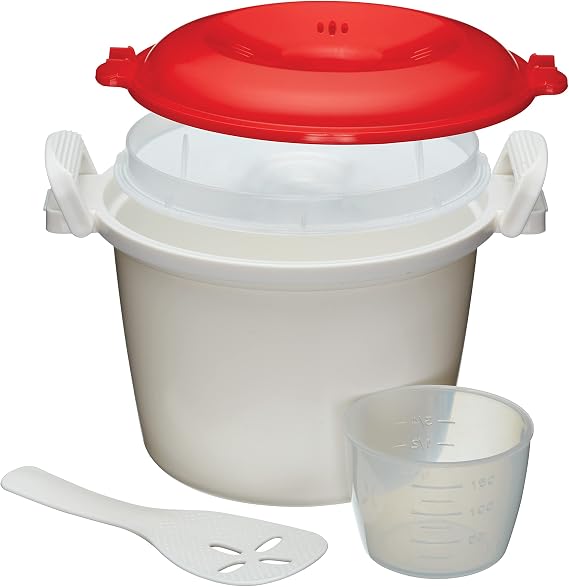 KitchenCraft Rice Cooker - Microwave Steamer, BPA Free Plastic, 1.5 Litre, White/Red