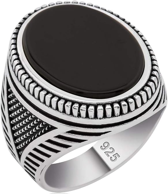 Solid 925 Sterling Silver Oval Black Flat Onyx Stone Men's Ring
