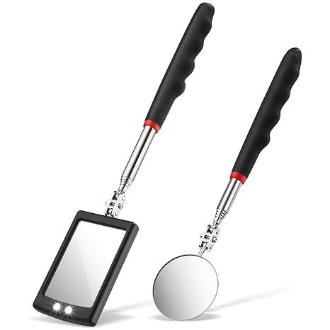 Frienda 2 Pcs LED Telescoping Inspection Mirror, Flexible Round Mirror Tool | Extendable Handle, Lighted Mirror Head, Flexible Neck, Auto Mechanic, Hard-to-Reach Area Inspection