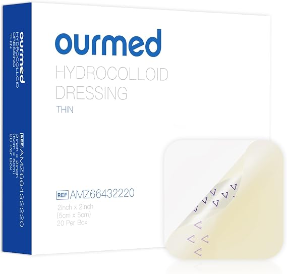 Ourmed Hydrocolloid Bandages 2" x 2", Waterproof Dressing with Self-Adhesive for Light Exudate Wound, Blister, Acne, Bordered Hydrocolloid Patches for Bed Sores, Abrasions, 20 Pack