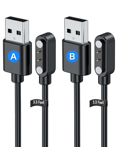 2 Pack Universal Smart Watch Charger Magnetic,Cable Contact 2 pin spacing 4.0mm,High Speed Safe Replacement USB Charger Cord,The pin Polarity of The Two Cables is Reversed,Model A + Model B