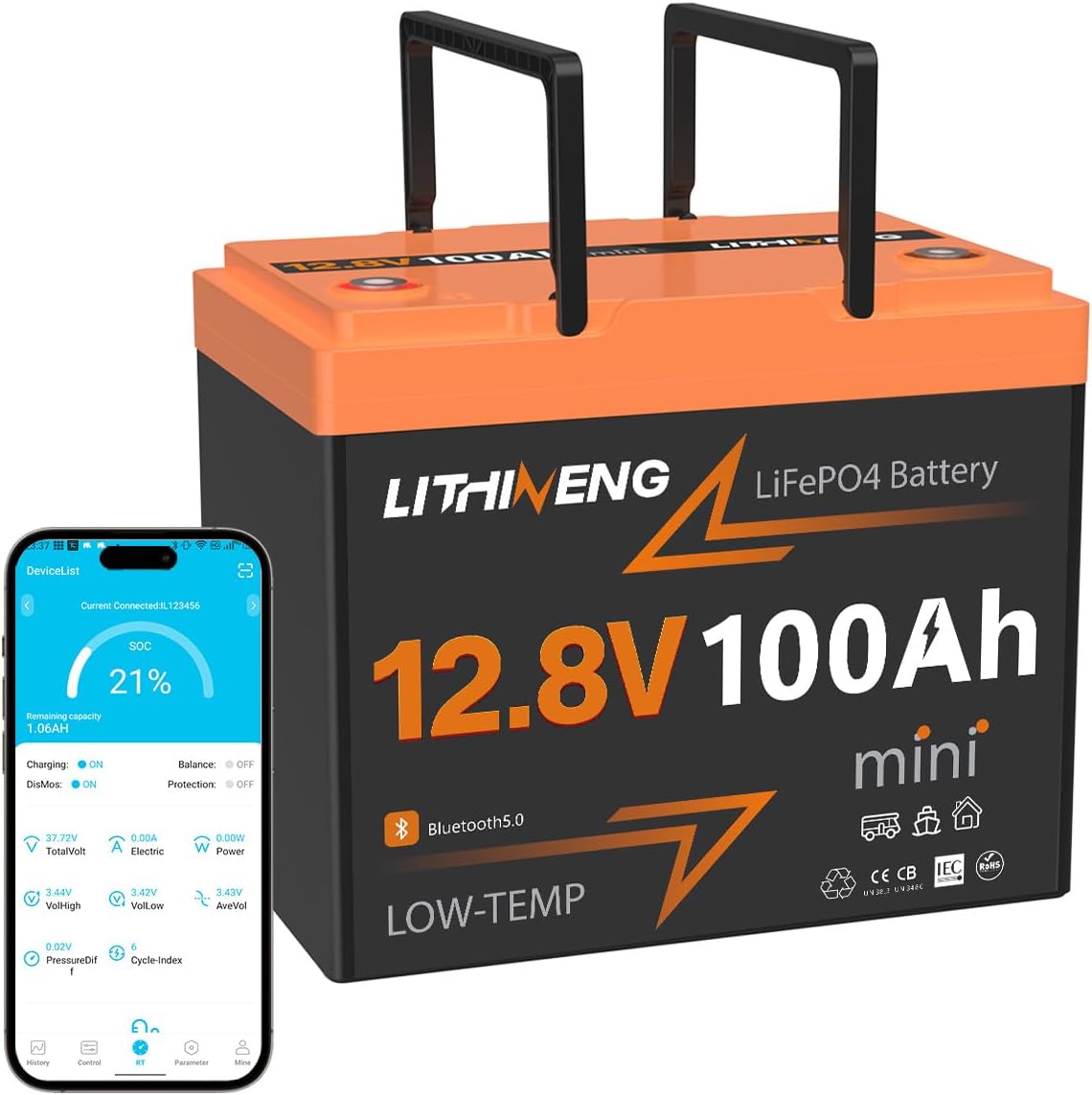 12V 100Ah LiFePO4 Bluetooth Battery, 12V 100Ah Mini Lithium Battery Built-in 100A BMS with Low-Temp Protection, Max. 15000 Cycles, Perfect for Trolling Motor, RV, Solar System, Off-Grid