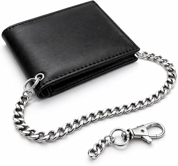 Mens RFID Blocking Genuine Leather Wallet with Safety Chain in Black or Brown (Black)