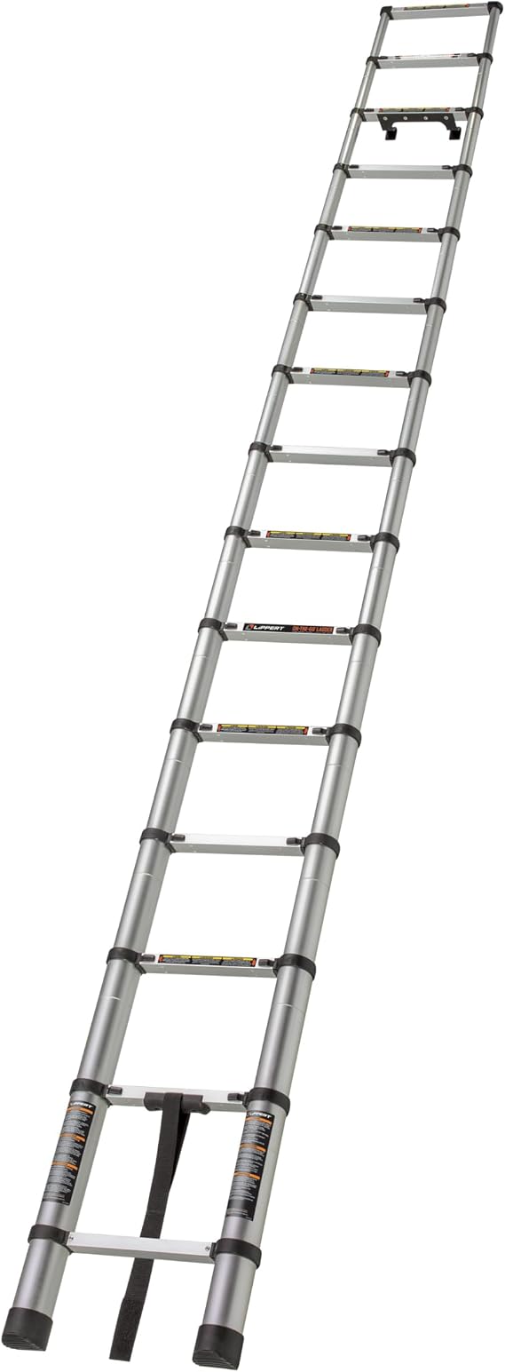 Lippert On-The-Go Portable, Telescoping RV Ladder - 14.5' Enhanced Stability and Safety - Retracts to 35.75" - Sturdy 330 lb. Capacity - Compatible with Lippert Ladder Receiver - 2021126697 | Aluminum build retracts to 35.75 in, weighs 27 lb, steel locking pins, fits Lippert ladder receiver, no assembly