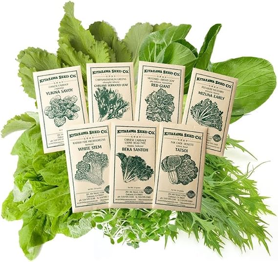 Kitazawa Seed Co Asian Salad Garden Seed Assortment 7 Varieties Asian Green | Chinese Cabbage, Mizuna, Mustard, Tatsoi, Daikon Sprouts Non-GMO, Heirloom Stir-Fry & Salad Mix