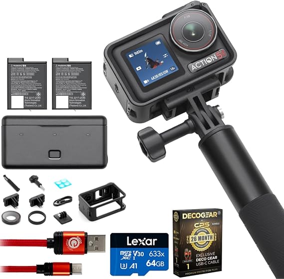 DJI Osmo Action 5 Pro Adventure Combo, 4-Hr Battery, 4K Video Bundle with Lexar 64GB Memory Card, Type-C Charge & Sync USB Cable & Deco Gear CPS Exclusive 26 Month Protection Pack (BEACH-CPS-26M500)