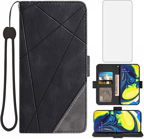 Asuwish Compatible with Samsung Galaxy A80 A90 4G Wallet Case and Tempered Glass Screen Protector Leather Flip Cover Card Holder Cell Accessories Phone Cases for Glaxay A 80 Gaxaly 90 Women Men Black
