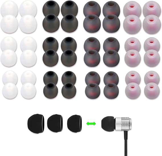 Earbud Tips, 48 PCS Earphone Buds Replacement Tips, Ear Phone Rubber Ends Buds with Noise Isolation and Comfortable, Earbud Replacements 4 Color, 3 Size (S/M/L)