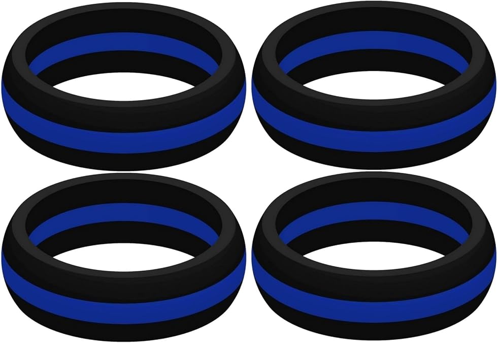 Set of 4 Thin Blue Line Silicone Rings - Choose Sizes for Each Ring - Great Wedding Replacement Workout/Work/Job/Yardwork/Gym Rings