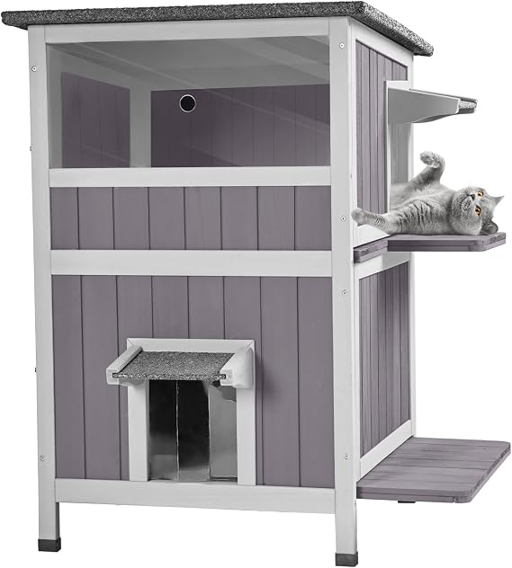 2-Story Large Outdoor Cat House Weatherproof Feral Cat Shelter | Wooden Elevated Kitty Condo with Asphalt Roof, Elevated Floor, Jumping Platforms and Escape Door for Indoor Outdoor Cats